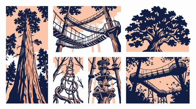 Set of forest and treehouse vector illustrations featuring tall trees and wooden canopy walkways in a two-tone graphic style