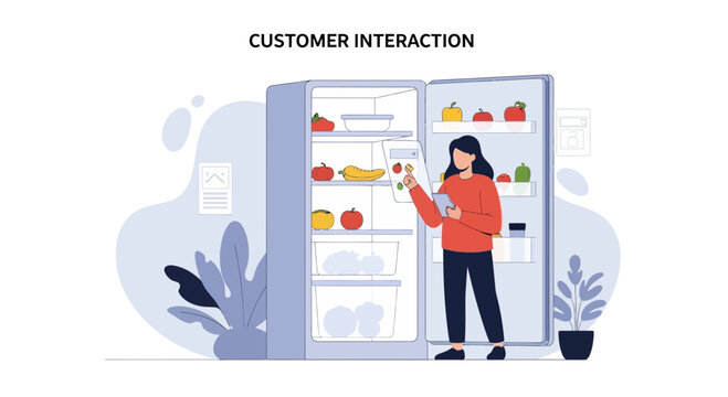Woman checking groceries in refrigerator, digital shopping list app.