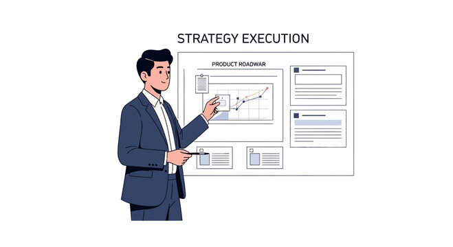 Businessman presenting strategy execution and product roadmap on whiteboard