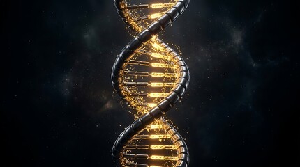 Obraz premium Futuristic metallic dna double helix with glowing golden core