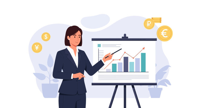 Woman presenting financial chart with currency symbols