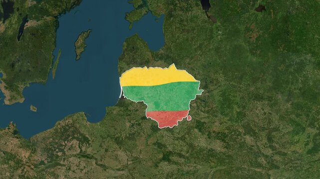 detailed aerial map footage showing Lithuania's borders filled with its national flag colors