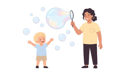 Fototapeta premium Happy young woman and small child blowing giant iridescent bubbles in this colorful vector graphic illustration