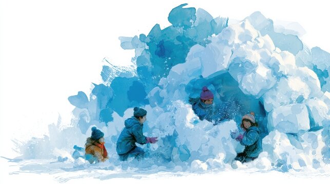 Children are joyfully constructing a snow fort during winter school recess while wearing bright scarves and mittens in the snow.