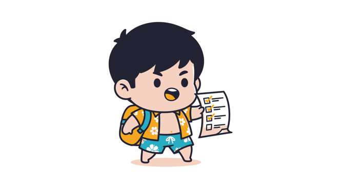 Young cartoon boy holding a graded test paper.