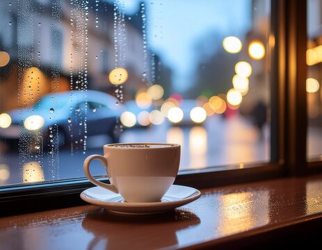 雨の窓際の白いコーヒーカップと夜の街のボケ光