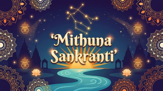 Mithuna sankranti celebration background with sun, river, temple silhouettes, and gemini constellation