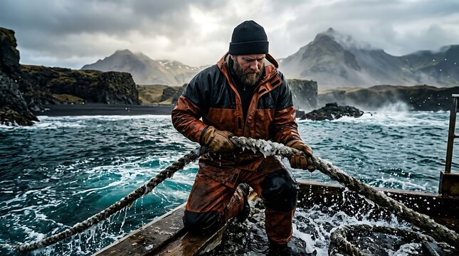 Rugged fisherman pulling frozen rope on a boat deck in stormy weather