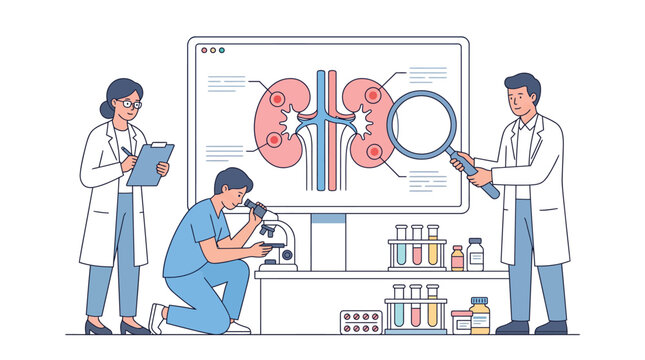 Medical professionals analyze a human kidney anatomy diagram in this colorful flat vector graphic illustration design