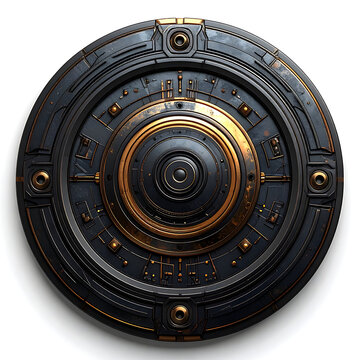 Intricate circular metallic shield with golden gears and detailed circuitry, industrial steampunk design, emblem for protection or security concepts