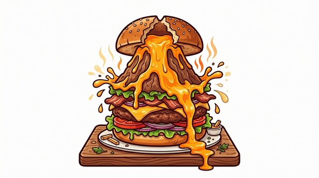 Gourmet Beef Burger with Explosive Melting Cheese Volcano Illustration