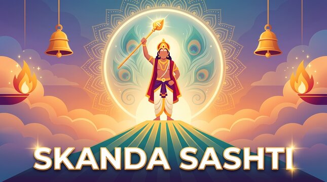 Skanda sashti festival illustration with lord murugan holding a vel, peacock feather halo, bells, and diya lamps