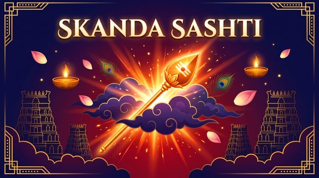 Skanda sashti festival greeting card with lord murugan vel spear, temple gopuram, diya lamps and peacock feathers