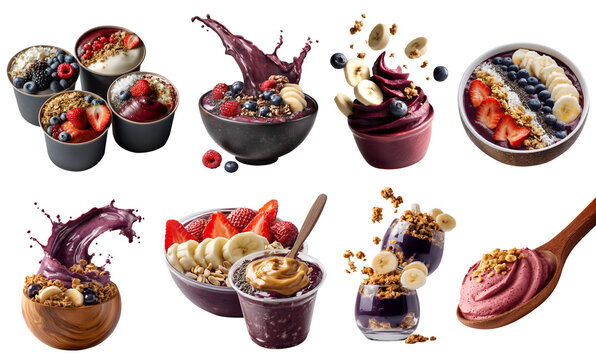 Set of Acai smoothie puree yoghurt,  takeout plastic cup container, glass jar, parfait with fruit nut granola oats, fly, spoon bowl, transparent cutout PNG Mockup