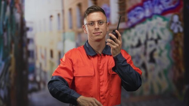 Man mechanic in orange coverall points finger at camera while holding radio in a graffiti street; vigilance duty.