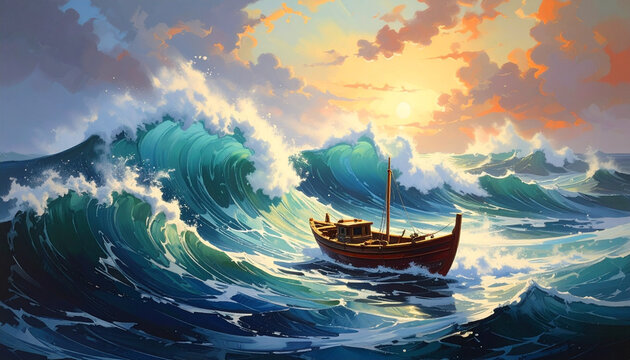 Boat navigating stormy ocean waves