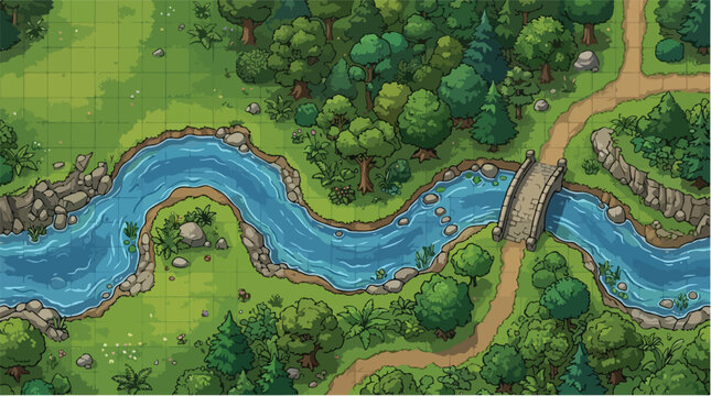 Fantasy RPG battle map of a river crossing, top-down game environment with stone bridge and forest, tactical grid for tabletop gaming
