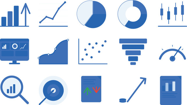Collection of blue flat data visualization and charts bar chart line graph pie chart donut chart candlestick chart