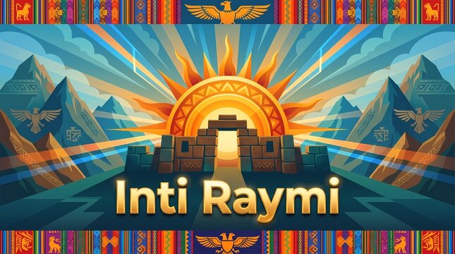 Inti raymi festival illustration with golden sun, ancient stone architecture, and andean patterns