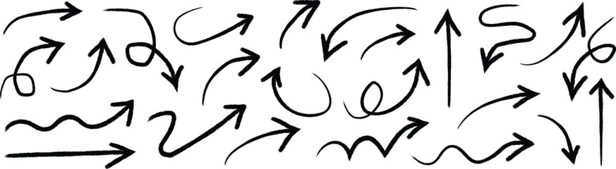 Obraz premium Collection of hand-drawn black arrows and wavy lines on white background, direction pointer sign des