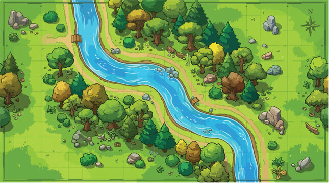 Fantasy game map vector, stylized forest landscape with winding blue river, cartoon top-down world map with green trees and rocks for RPG adventure