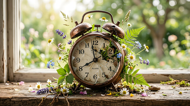 Vintage alarm clock surrounded by fresh spring flowers on wooden window sill with seasonal, blooming