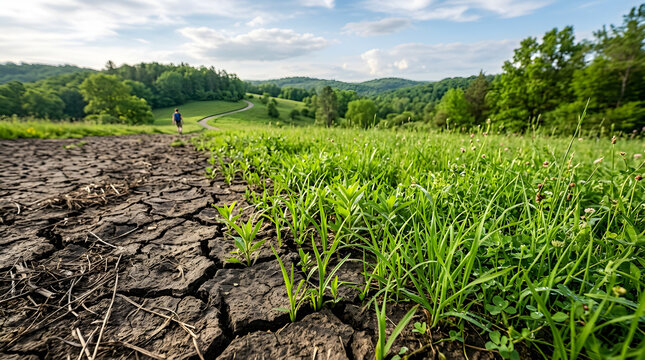 Conceptual landscape showing the contrast between parched cracked earth and lush green grass
