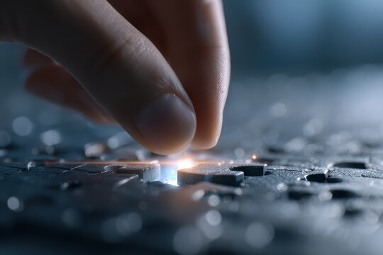 Putting the Piece Together: A close-up shot of a person's fingers delicately placing the final piece of a jigsaw puzzle, symbolizing problem-solving and connection.