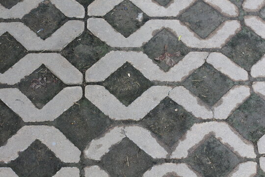 Permeable paving stones with a geometric interlocking pattern on a pathway