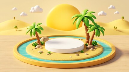 Obraz premium Product display island with palm trees and water 3D rendering
