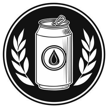 Craft beer can with wheat stalks in a circular emblem, black and white illustration