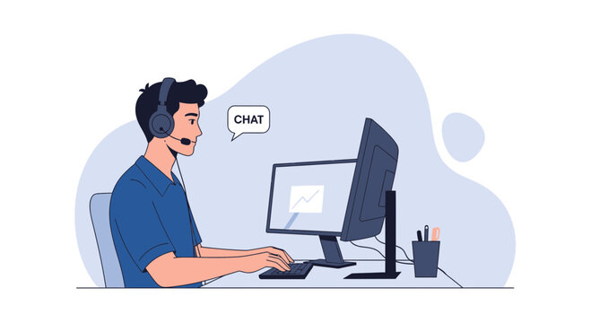 Customer service operator working on computer with headset, online chat concept