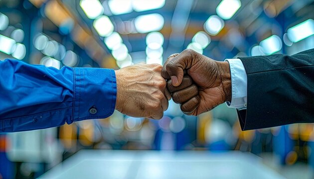 A close-up of two hands, one in a blue work shirt and the other in a black suit, bumping fists in a gesture of agreement or partnership, with a blurred industrial background