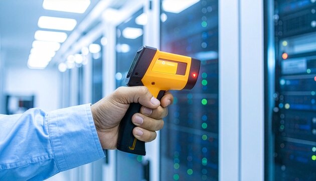 A hand holding a yellow infrared thermometer, measuring the temperature of a server rack in a data center. The servers are neatly arranged with blinking lights