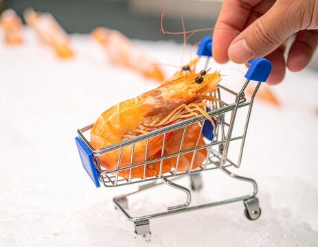 A hand pushing a tiny shopping cart filled with fresh shrimp. The cart is on a bed of ice, suggesting a seafood market.