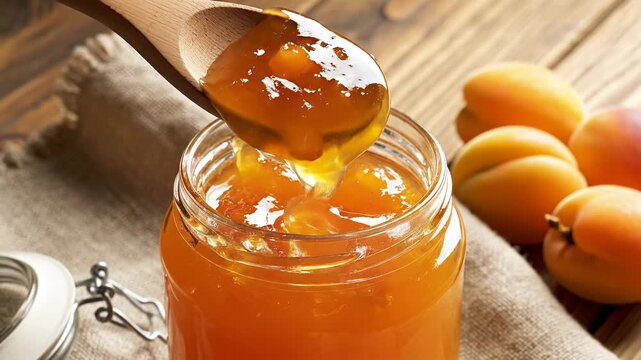 Homemade apricot jam in jar with fresh fruit and spoon.