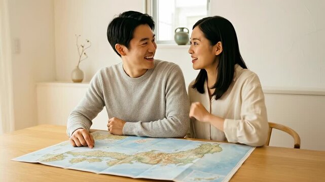 A happy couple discusses their next travel destination, studying a map spread across a wooden table, their expressions filled with anticipation and shared dreams.