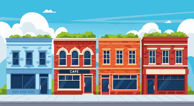 Charming vector illustration of quaint small town shops with colorful facades and blue sky overhead