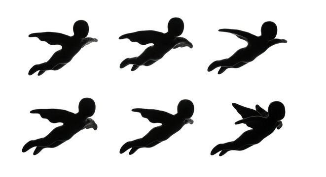 silhouette figures soaring mid air wings spread against a bright white backdrop conveying freedom motion and animation potential