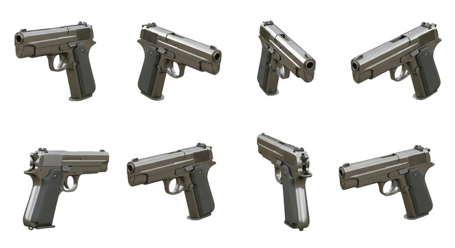 3d rendered gun set angled in different directions isolated on a white backdrop for illustration security or weapon related designs
