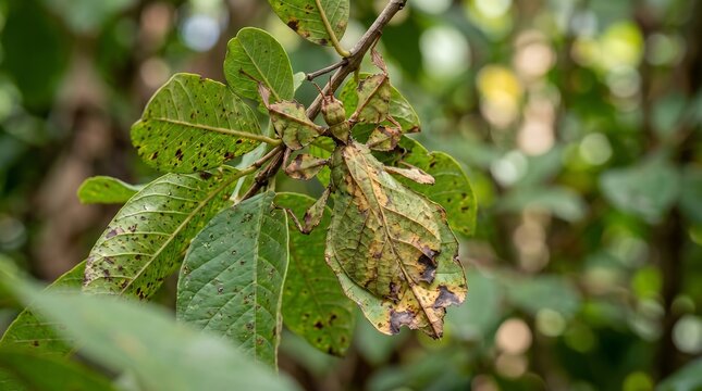 Leaf Insect (Phyllium) Perfectly Camouflaged on a Green Tree Branch
