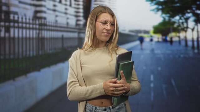 Woman holding a green book and tablet, squinting with hands clasped on a city street by a metal railing, wearing glasses and a cardigan; frustration.