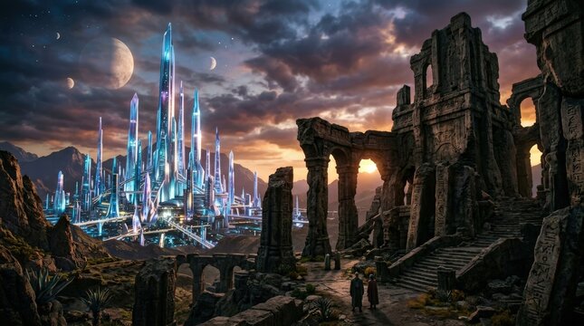 Futuristic crystal city of krypton behind ancient stone ruins