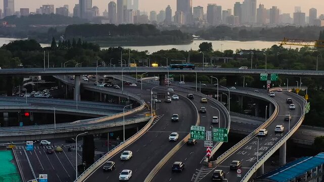 Nanjing elevated highways by Xuanwu Lake at sunset in Nanjing, China