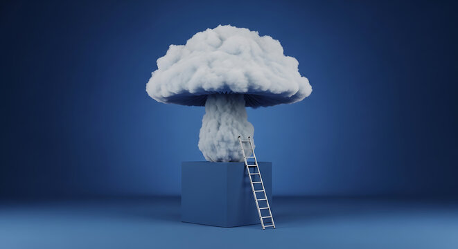 Mushroom cloud growing from a cube with a ladder