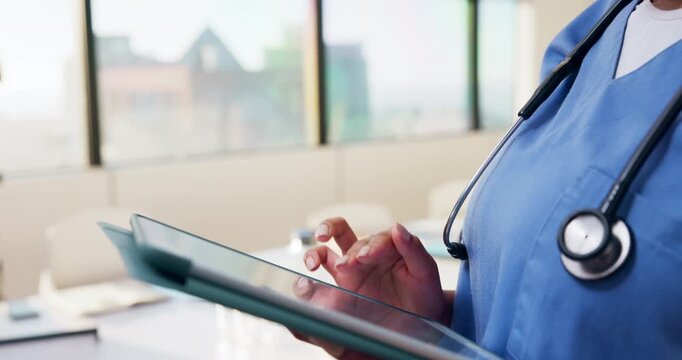 Scroll, nurse and tablet with hands of woman in hospital for healthcare report, planning and surgery schedule. Medical checklist, digital records and clinic review with person and tech for update