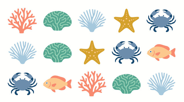 Pastel marine life icons grid with coral seashells starfish and crabs.
