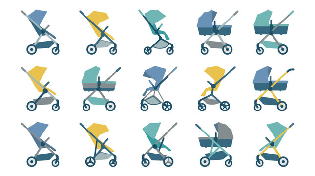 Pattern of colorful baby strollers and prams for infant transportation.