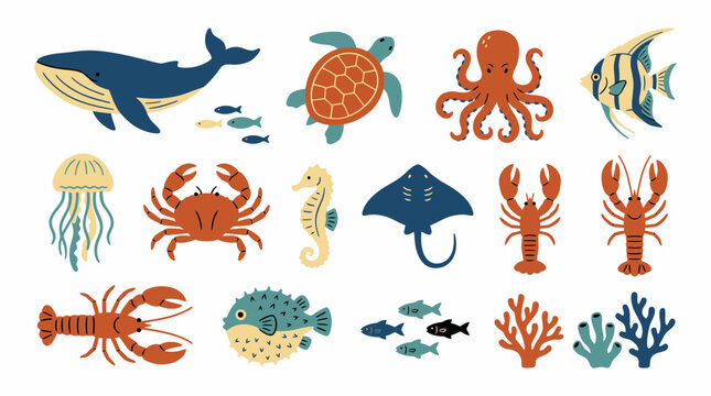 Sea animal icon set with whale turtle octopus and crab on white background.