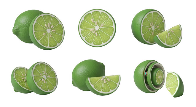 close-up of sliced and whole green citrus fruit isolated on white background for food and beverage ingredients or culinary concept usage